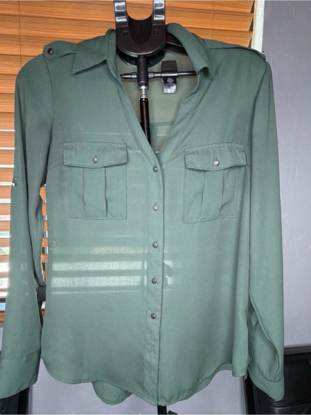 Express Men's Button-Down Shirt in Olive Green missing a button